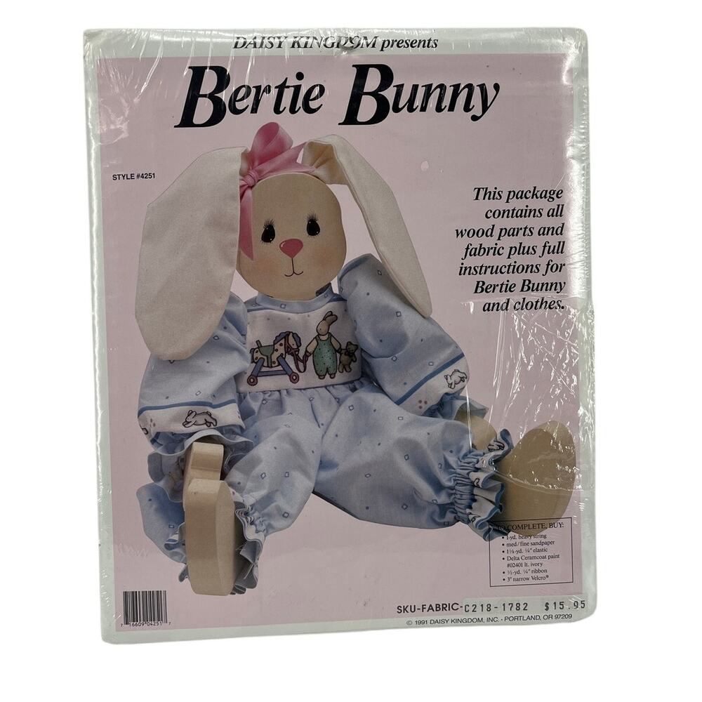 New Vtg 1991 Daisy Kingdom Bertie Bunny Wood Doll Fabric Craft Kit Style 4251